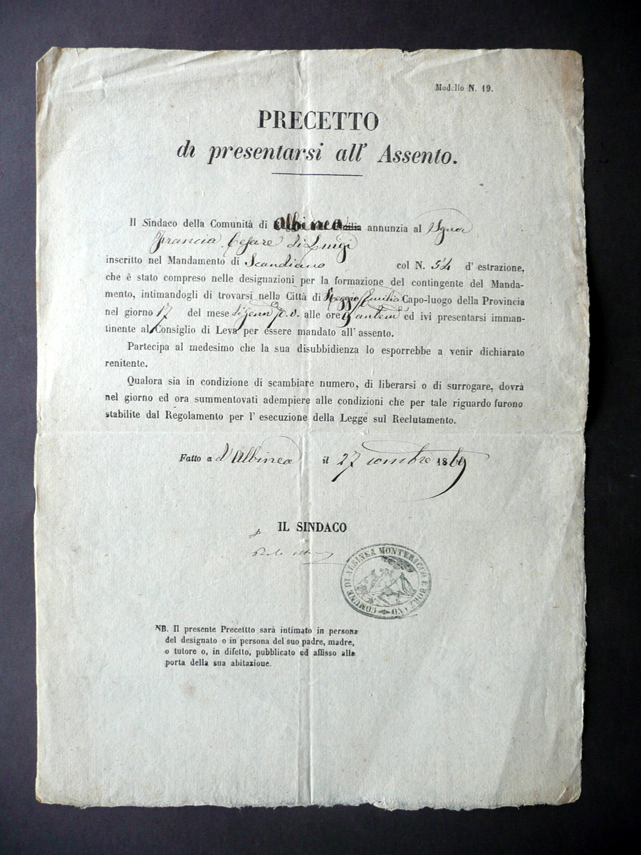 Precetto Leva Contingente del Mandamento Albinea Montericco Borzano 1869 Timbro