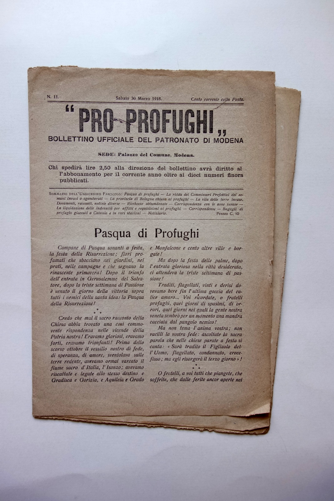 Pro Profughi Bollettino del Patronato di Modena N. 11 30/3/1918