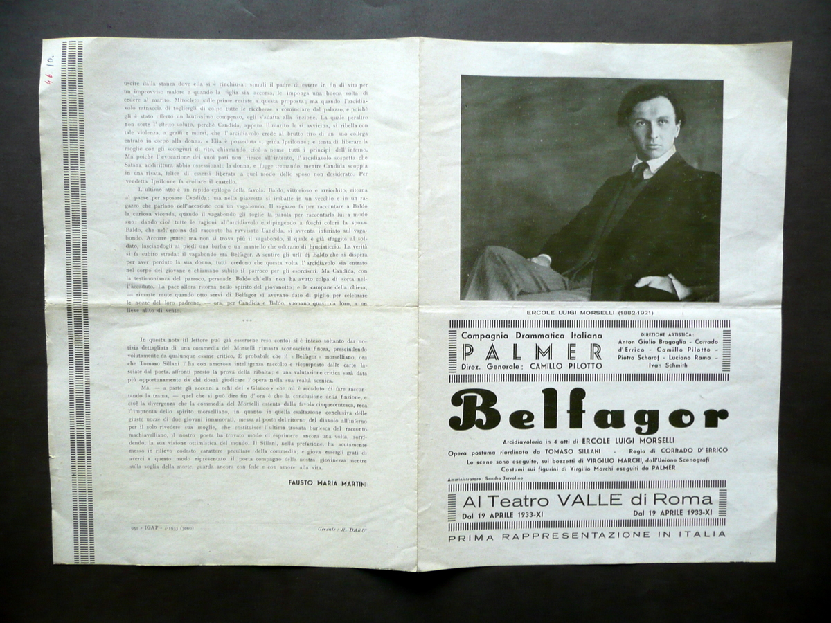 Programma Compagnia Drammatica Palmer Belfagor Morselli Marchi Teatro Valle 1933