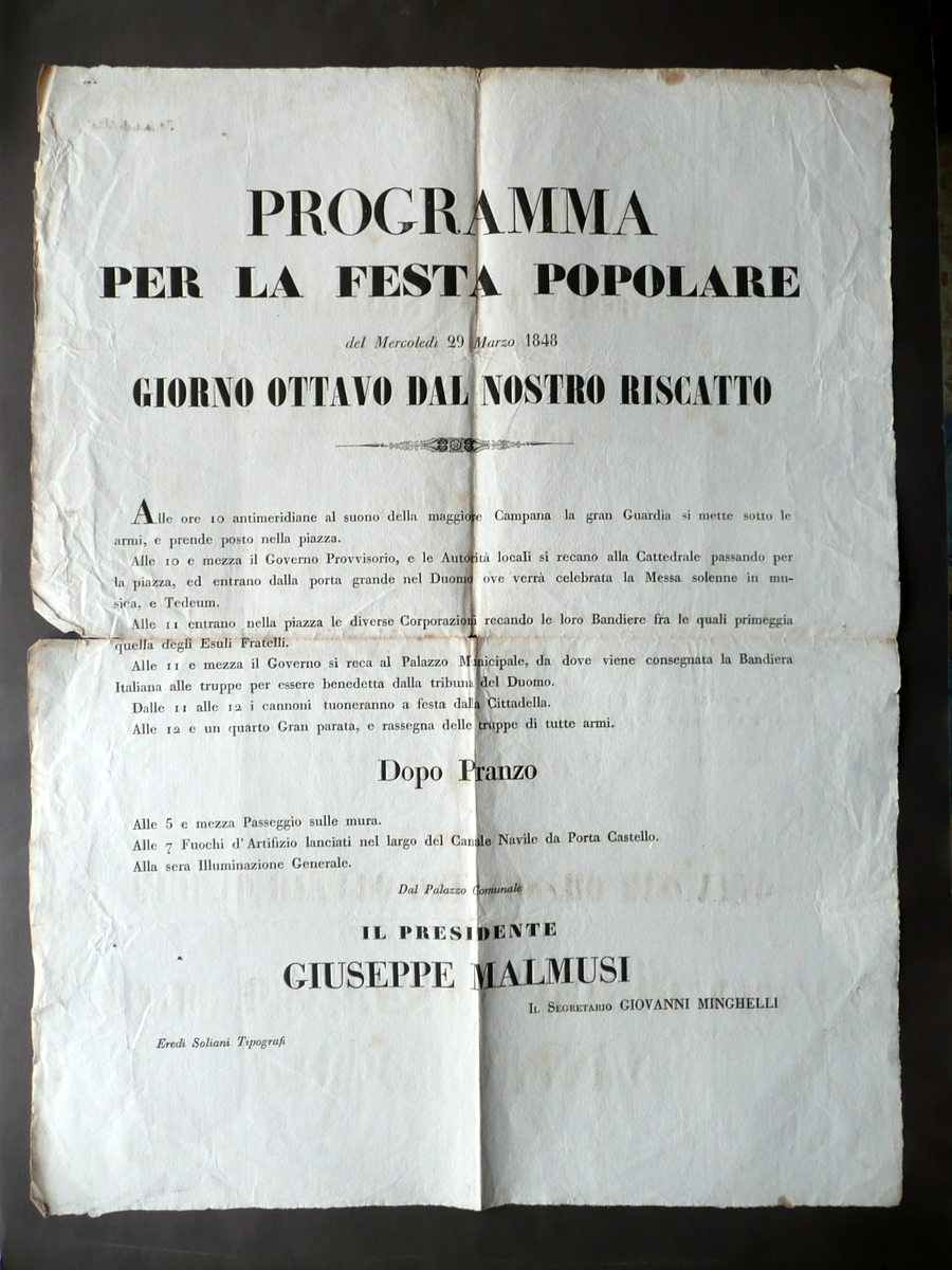 Programma Festa Popolare Modena 29 Marzo 1848 Soliani Storia Risorgimento