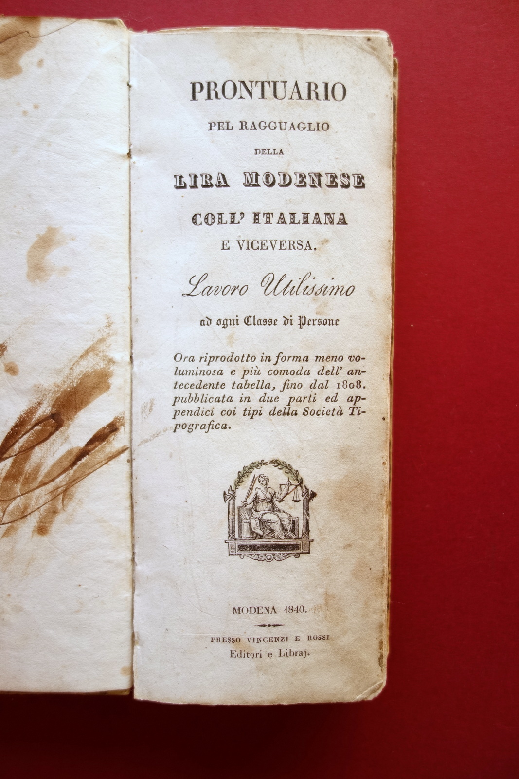 Prontuario pel Ragguaglio della Lira Modenese coll'Italiana Rossi Modena 1840