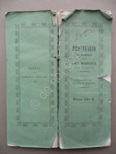 Prontuario Ragguaglio della Lira Modenese coll'Italiana e Viceversa Modena 1862