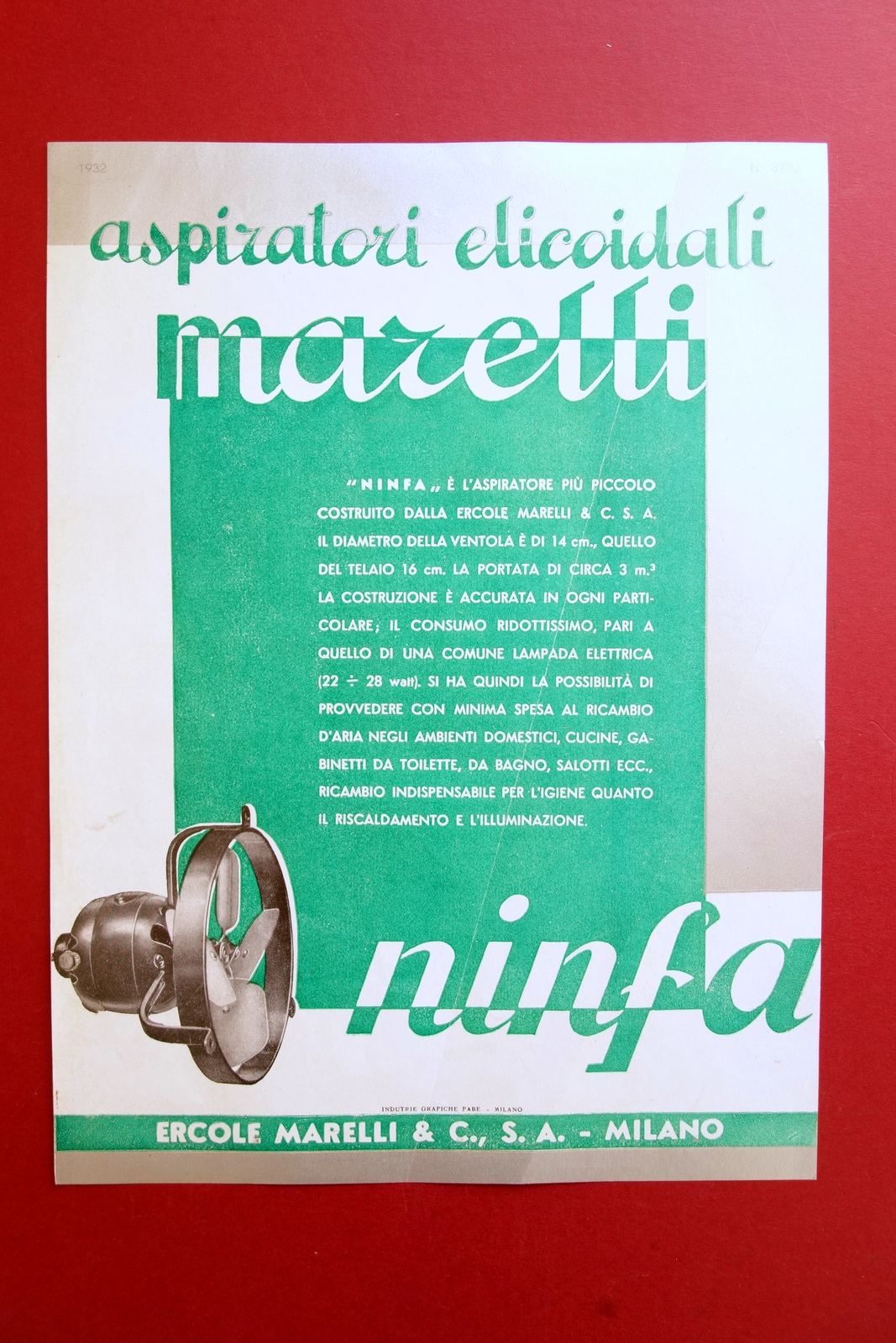 Pubblicit‡ Ercole Marelli S.A. Milano Aspiratori Elicoidali Ninfa