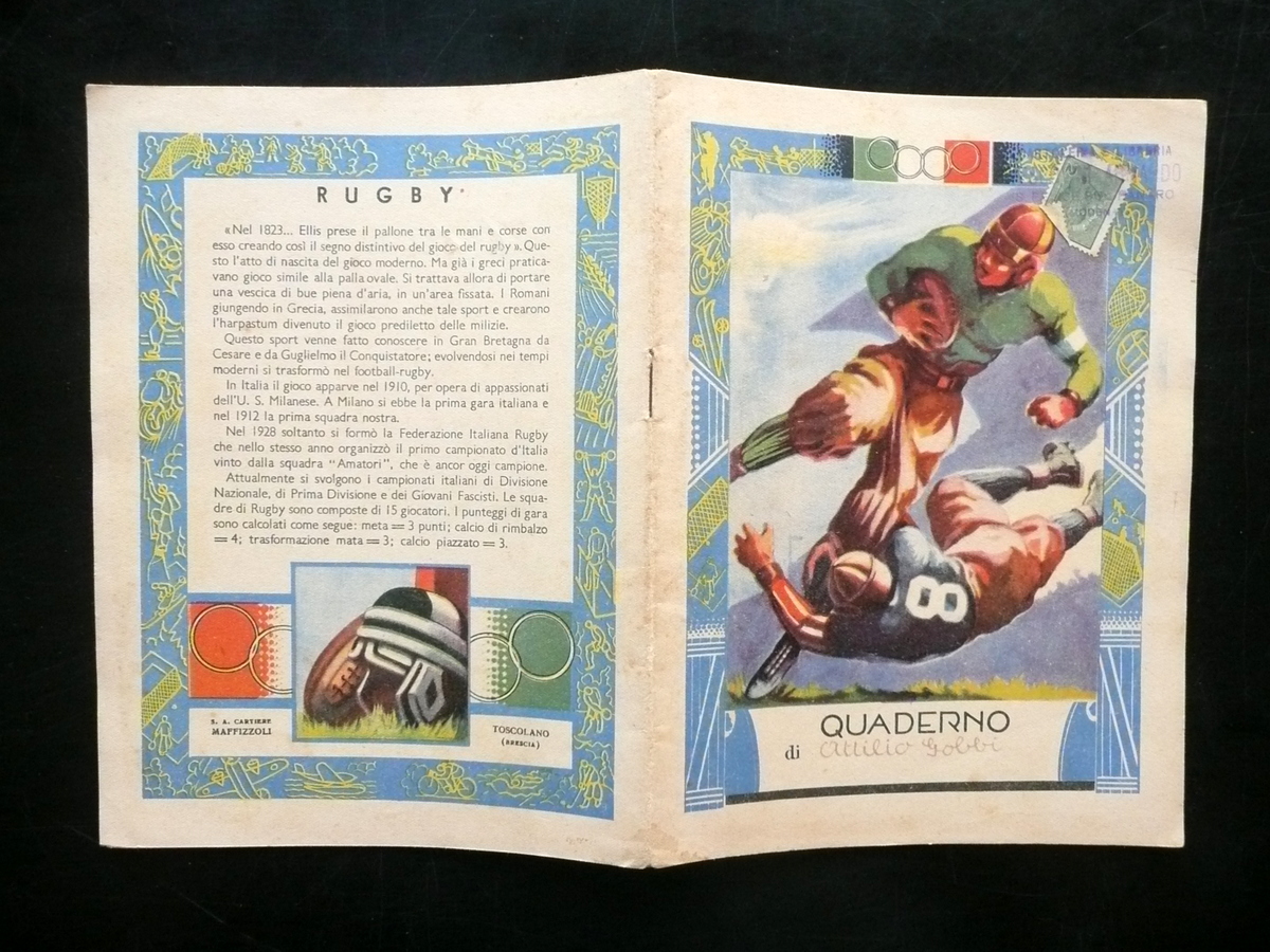 Quaderno Rugby Illustrato a Colori Sport Scuola Infanzia 1937 Usato