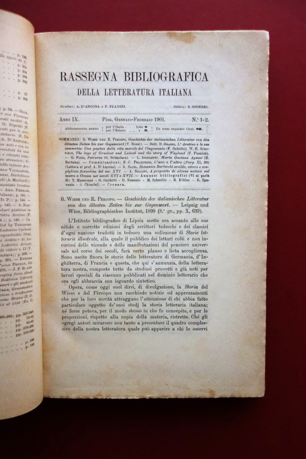 Rassegna Bibliografica della Letteratura Italiana Anno IX Spoerri 1901 Completo