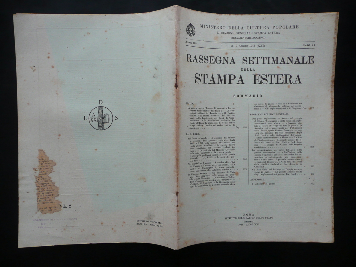 Rassegna Settimanale della Stampa Estera Anno 18∞ Fascicolo 14 1943 …