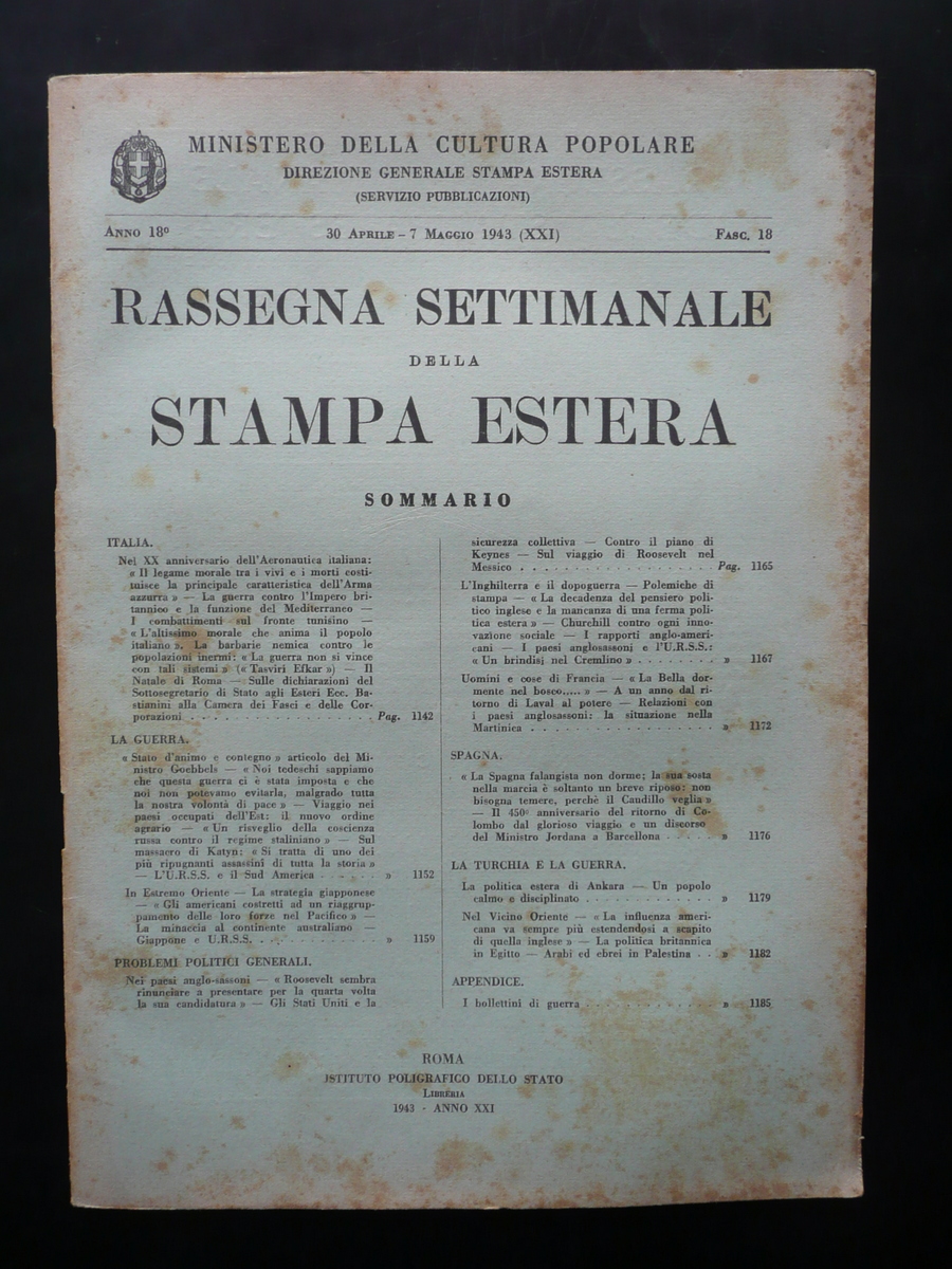 Rassegna Settimanale Stampa Estera Anno 18∞ 1943 WW2 XX Anniversario …