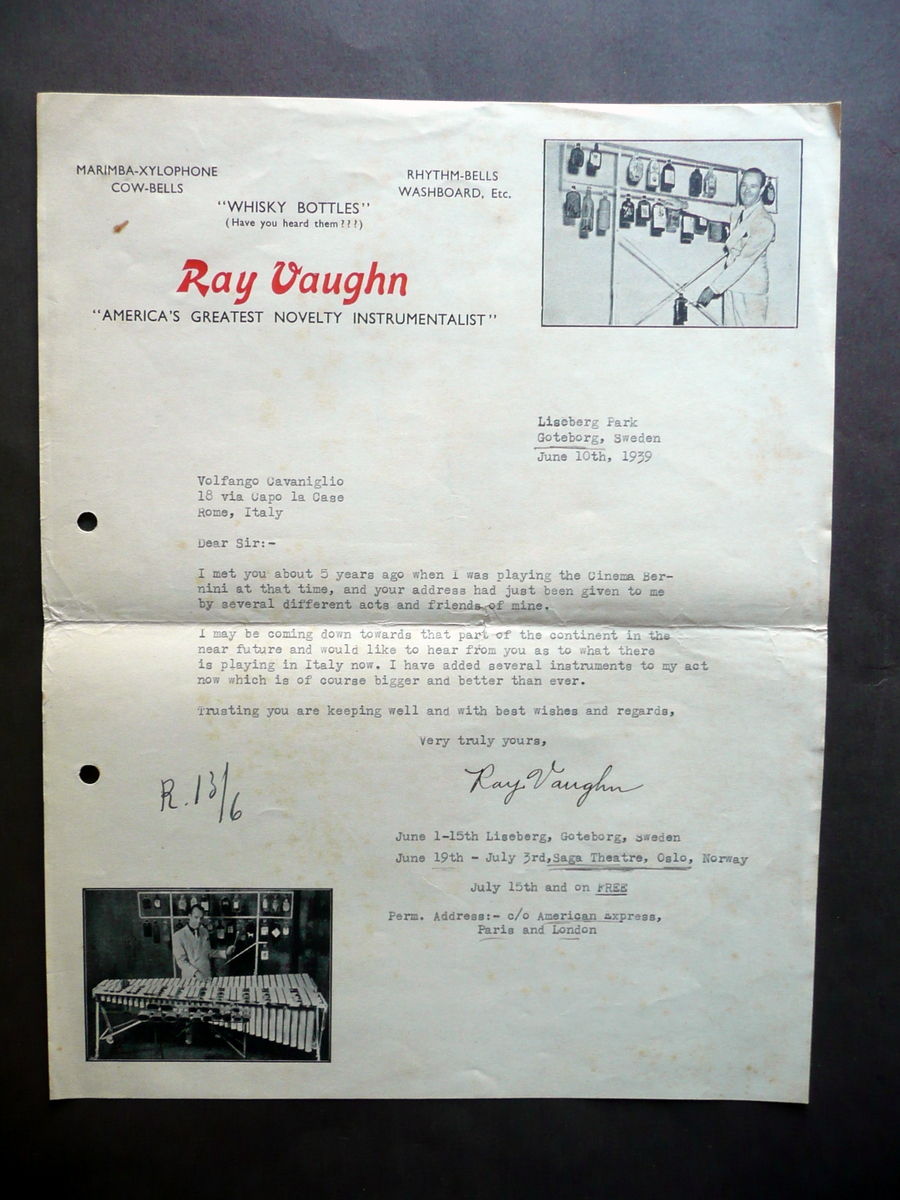 Ray Vaughn America's Novelty Instrumentalist Lettera Spettacolo Musica 1939