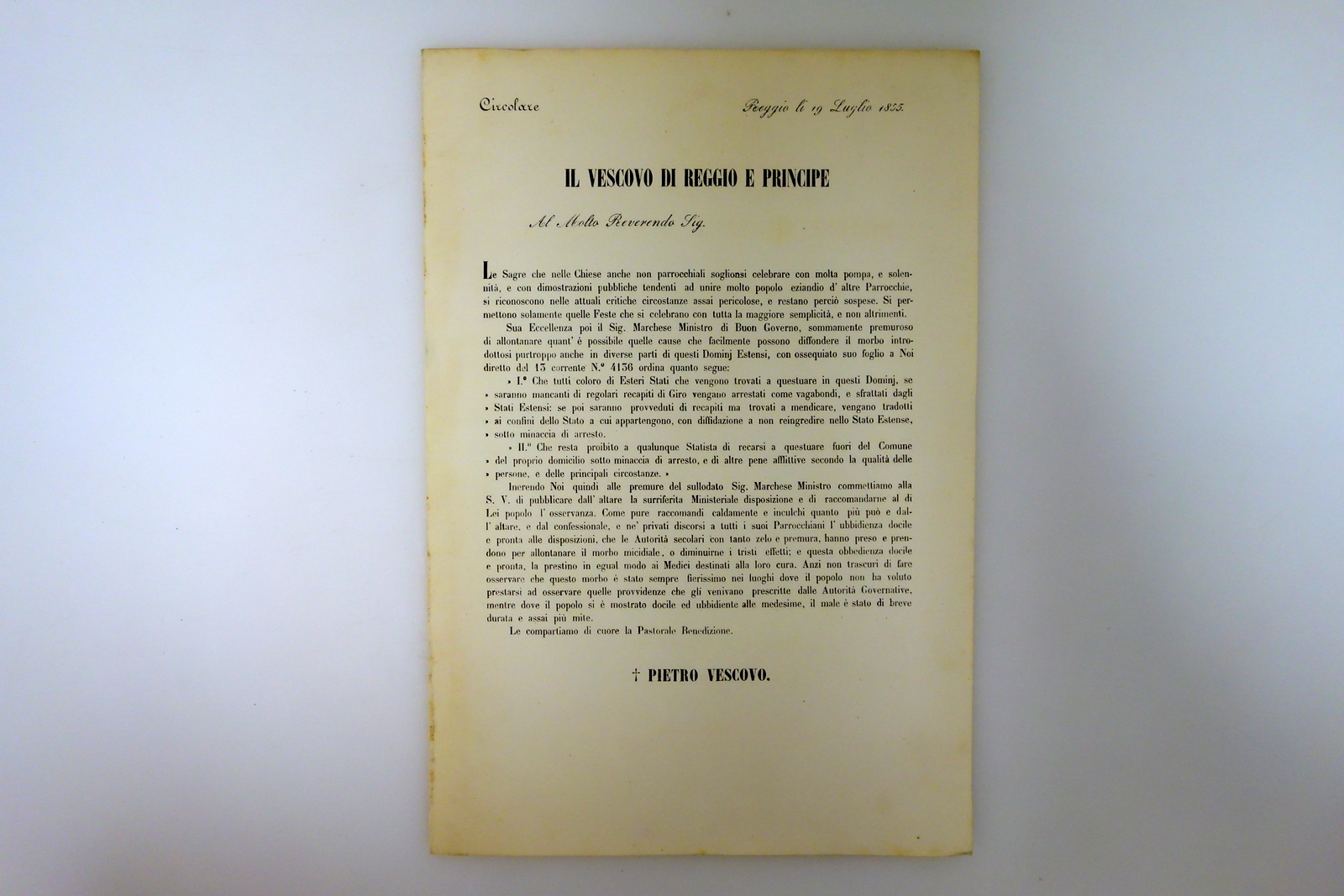 Reggio Emilia Disposizioni per Evitare Diffusione del Contagio Colera 1855