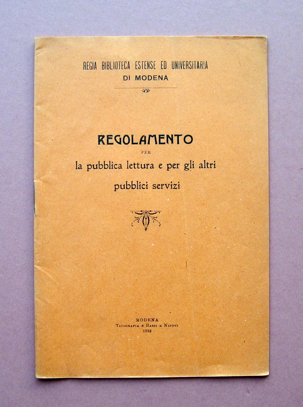 Regia Biblioteca Estense Modena Regolamento pubblica lettura 1922 Tip.Bassi