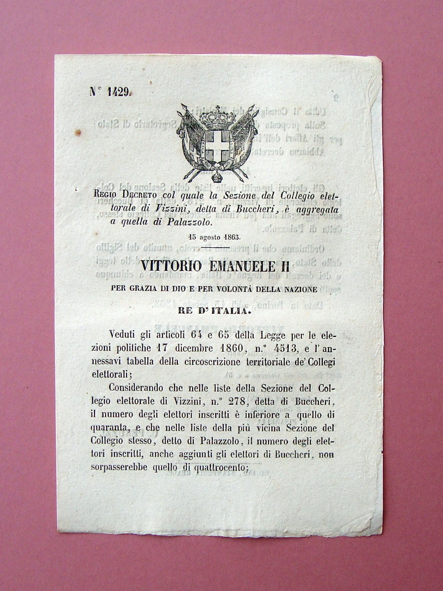 Regio Decreto Aggregazione Collegio Vizzini Buccheri con Palazzolo 1863