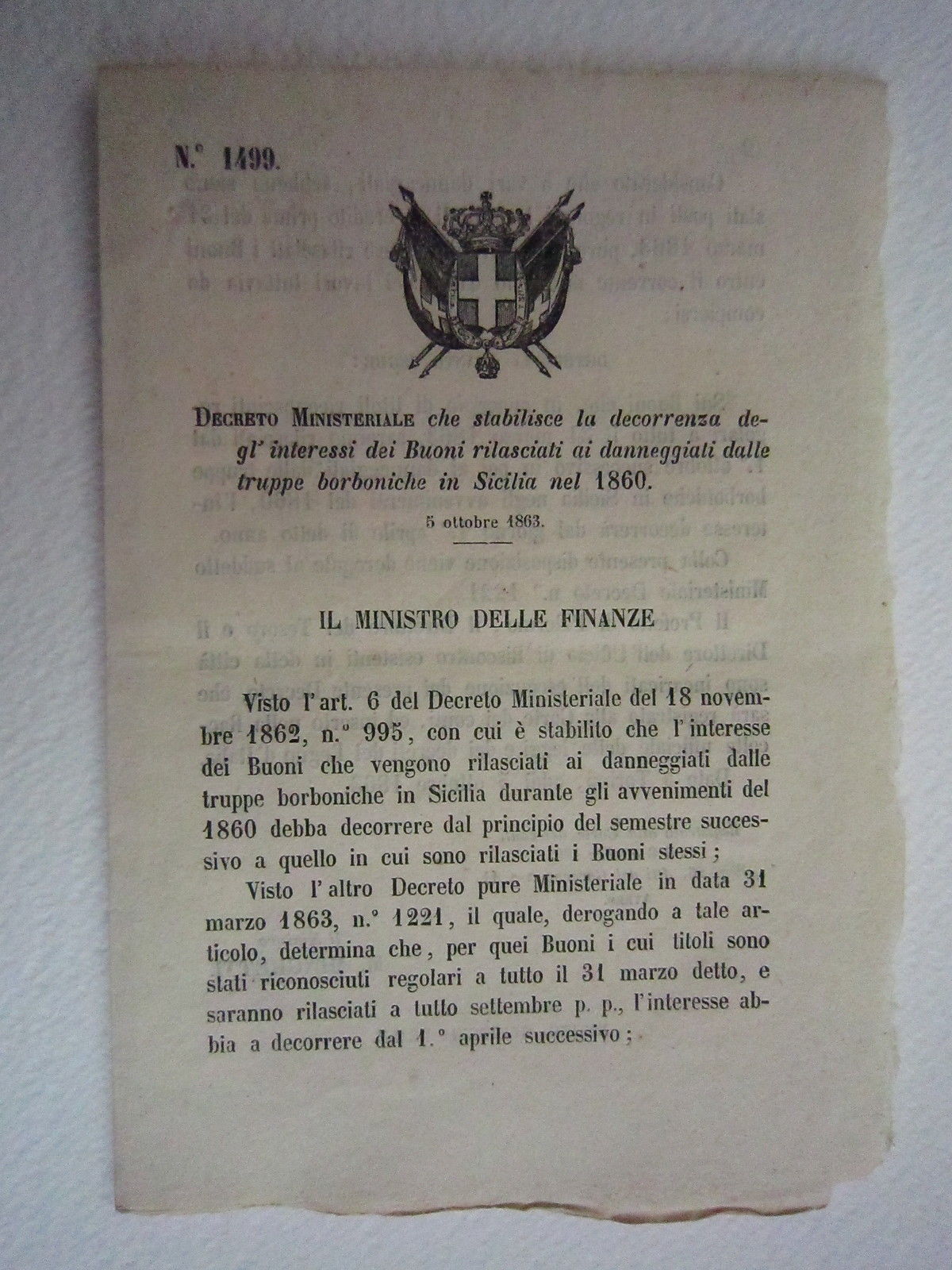 Regio Decreto Diritto Buoni Sicilia Truppe Borboniche 1863 Bollettino Leggi
