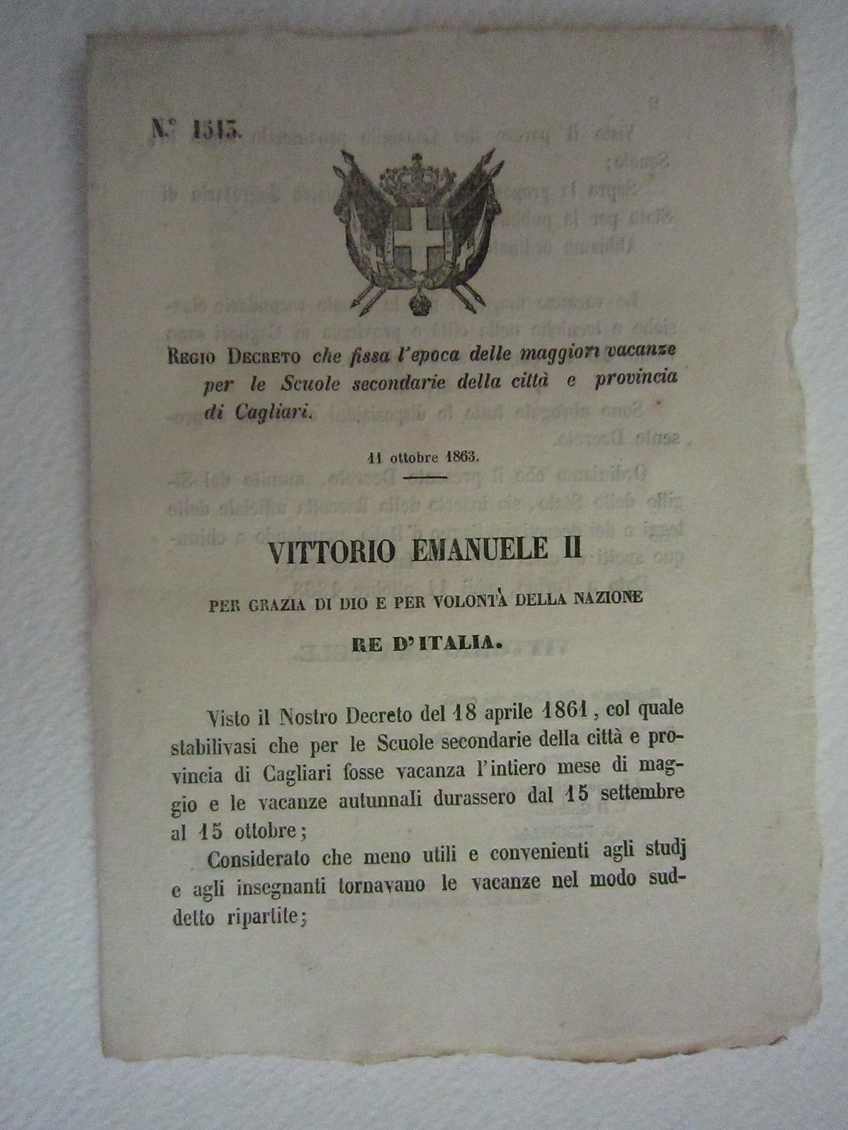 Regio Decreto Diritto Cagliari Maggiori Vacanze Scuole 1863 Bollettino Leggi