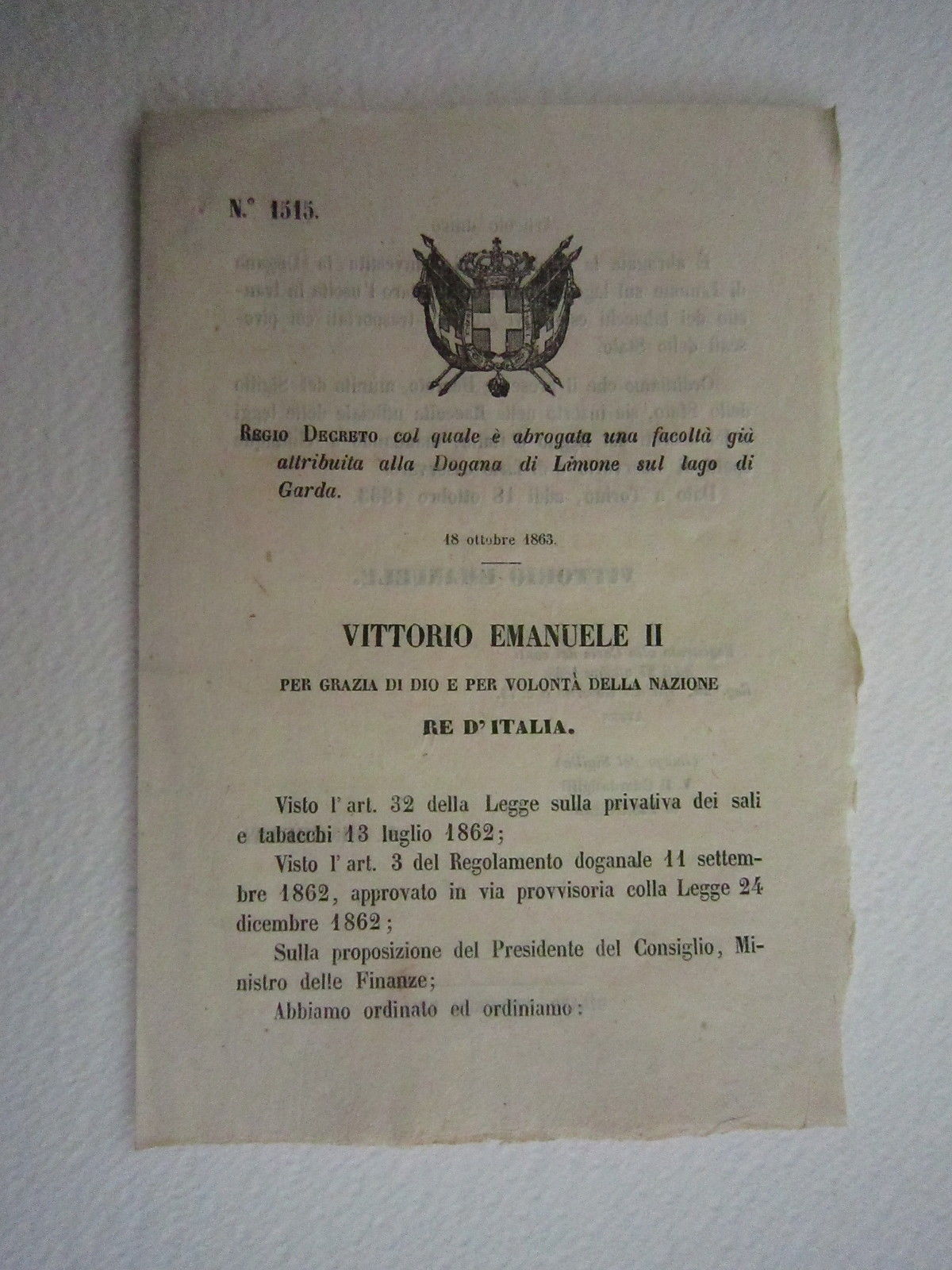 Regio Decreto Diritto Dogana Limone Lago Di Garda Tabacchi 1863 …