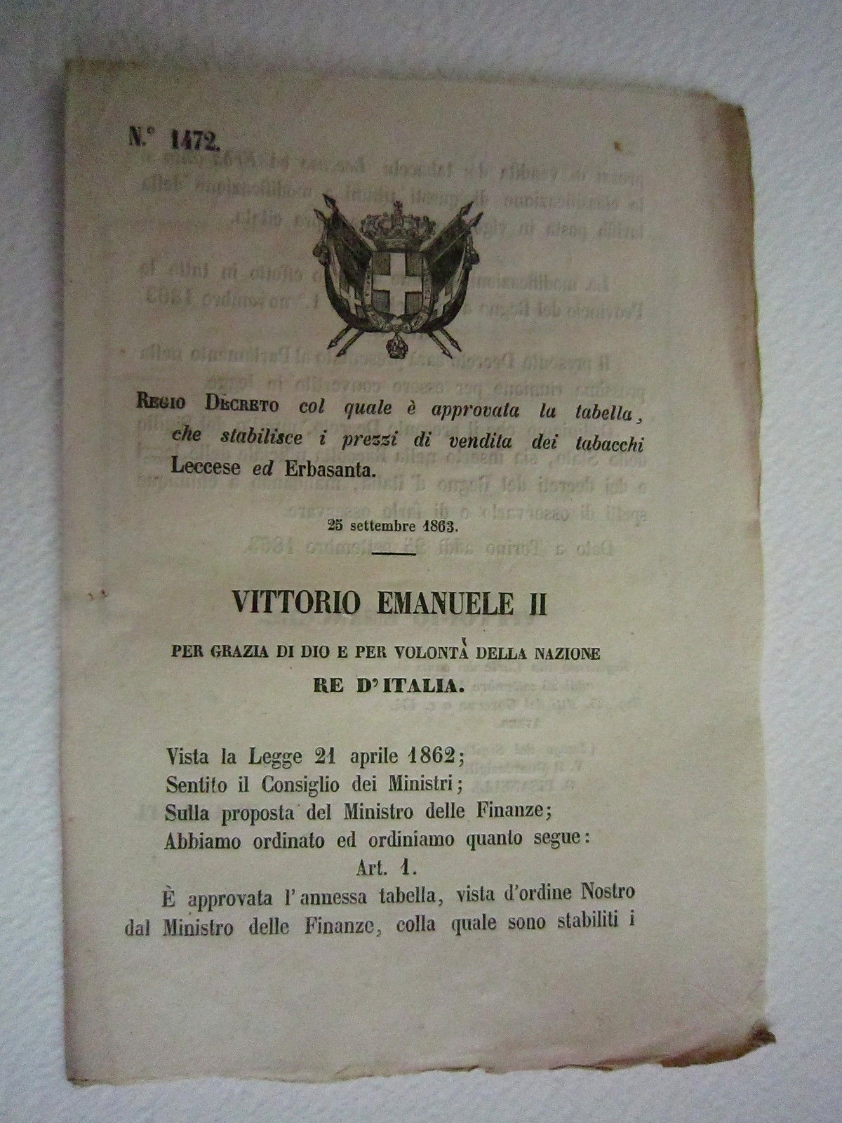 Regio Decreto Diritto Leccese Erbasanta Tabacchi Tabella 1863 Bollettino Leggi