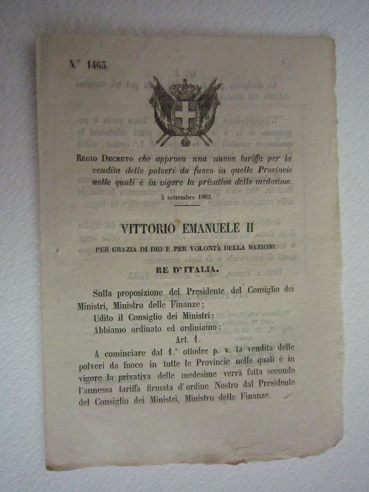 Regio Decreto Diritto Mina Polveri Da Fuoco Caccia Mina 1863 …