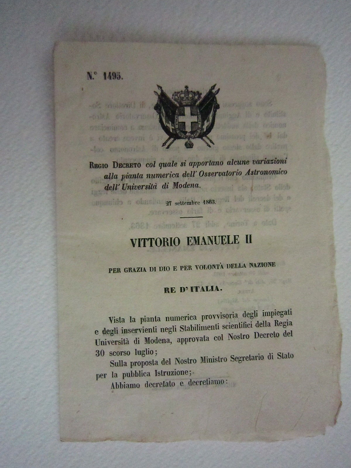 Regio Decreto Diritto Modena Pianta Numerica Osservatorio 1863 Bollettino Leggi