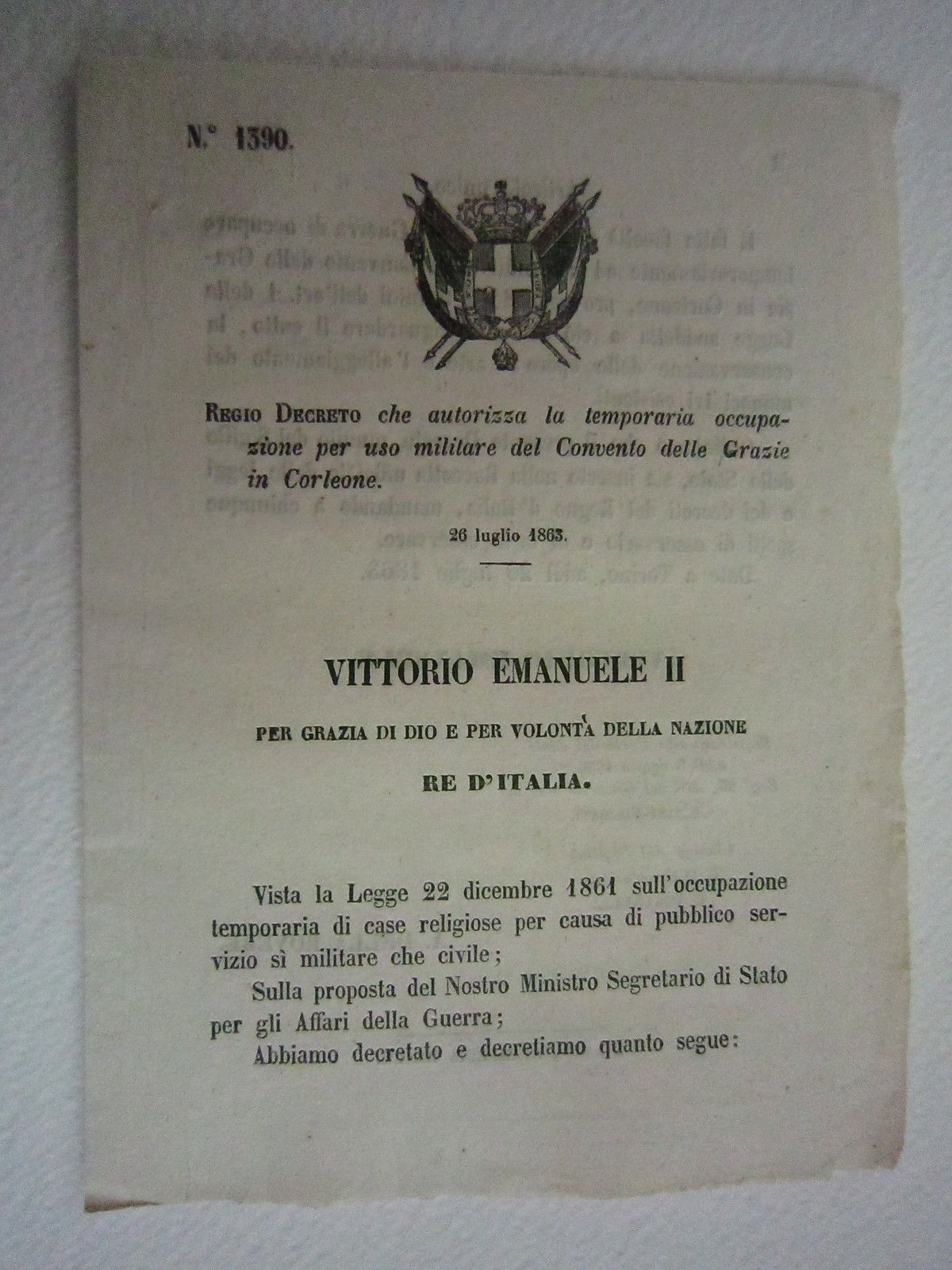 Regio Decreto Diritto Occupazione Uso Militare Covento 1863 Bollettino Leggi