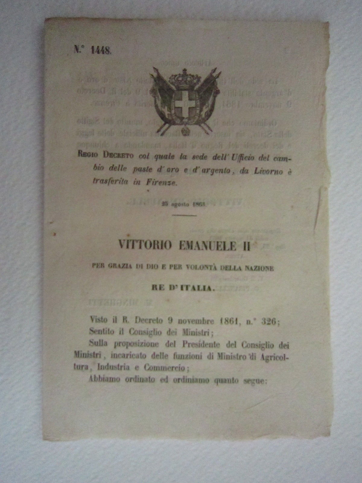 Regio Decreto Diritto Paste D'oro Argento Livorno Firenze 1863 Bollettino …
