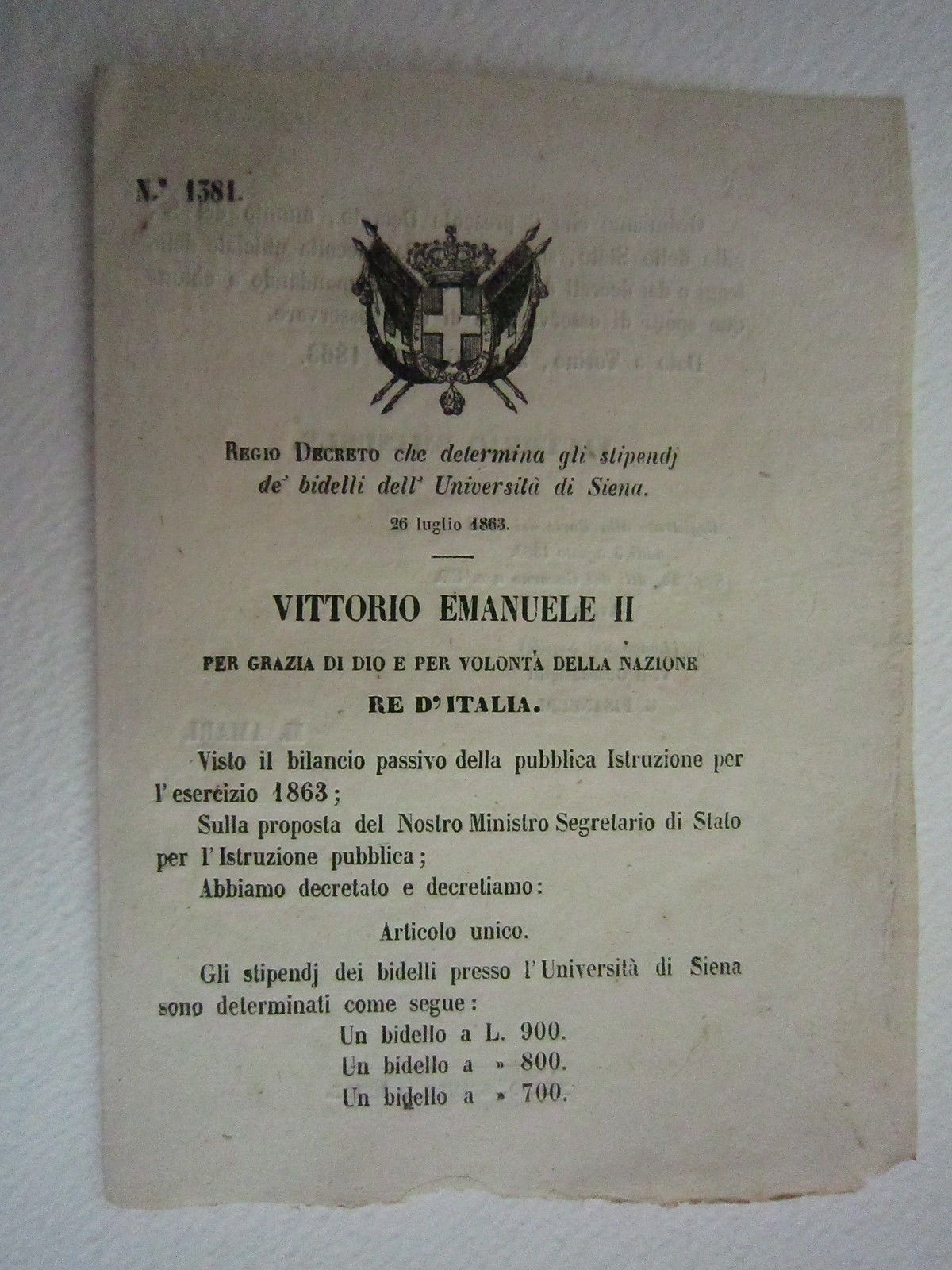 Regio Decreto Diritto Stipendi Siena Bidelli Universit‡ 1863 Bollettino Leggi