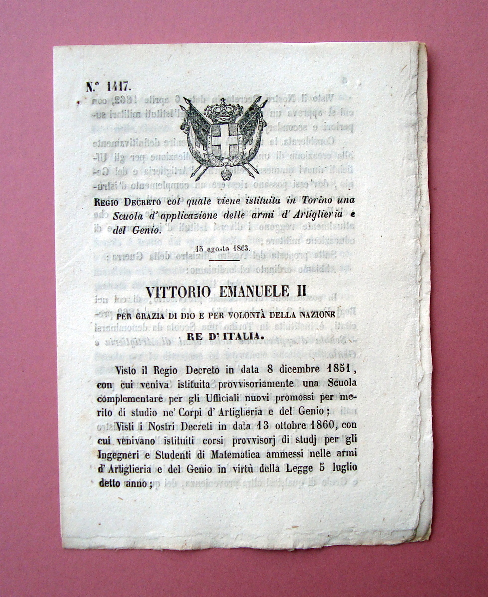 Regio Decreto Istituzione Torino Scuola Applicazione armi Artiglieri Genio 1863