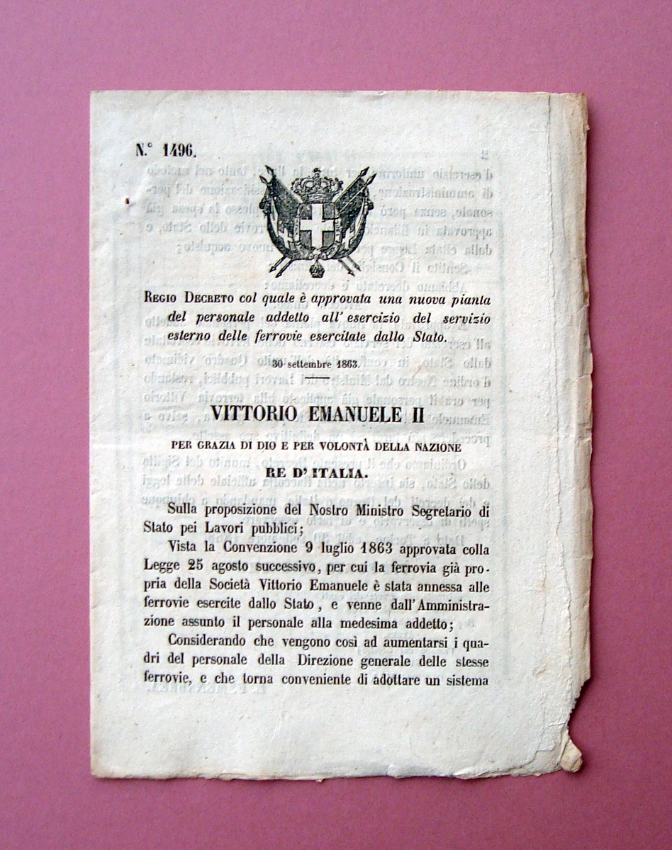 Regio Decreto nuova pianta personale servizio esterno Ferrovie Stato 1863
