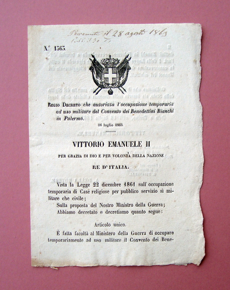 Regio Decreto Palermo Occupazione temporaria uso Militare Convento Bianchi 1863