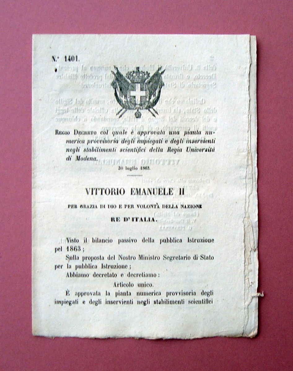 Regio Decreto Pianta numerica Stabilimenti Scientifici R. Universit‡ Modena 1863