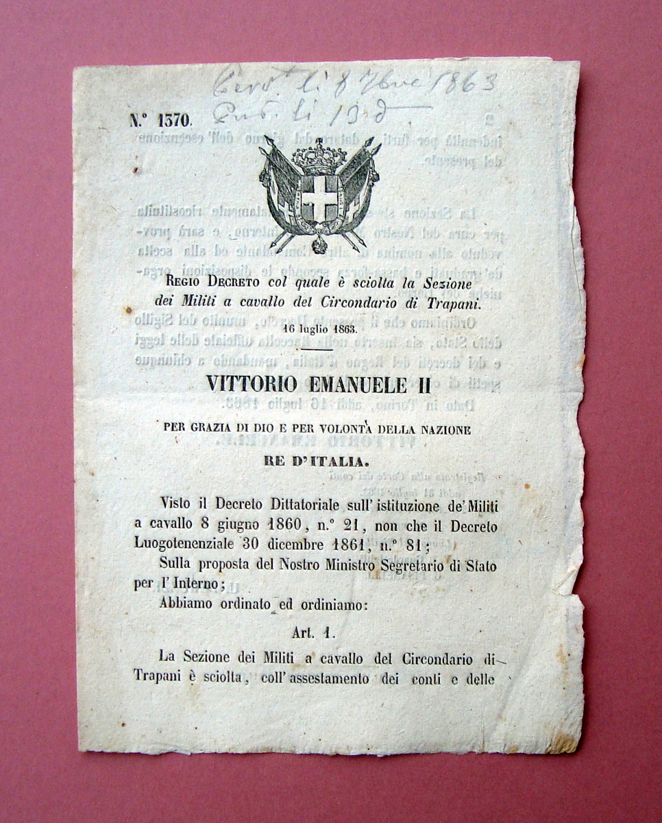Regio Decreto sciolta Sezione Militi a cavallo Circondario Trapani 1863
