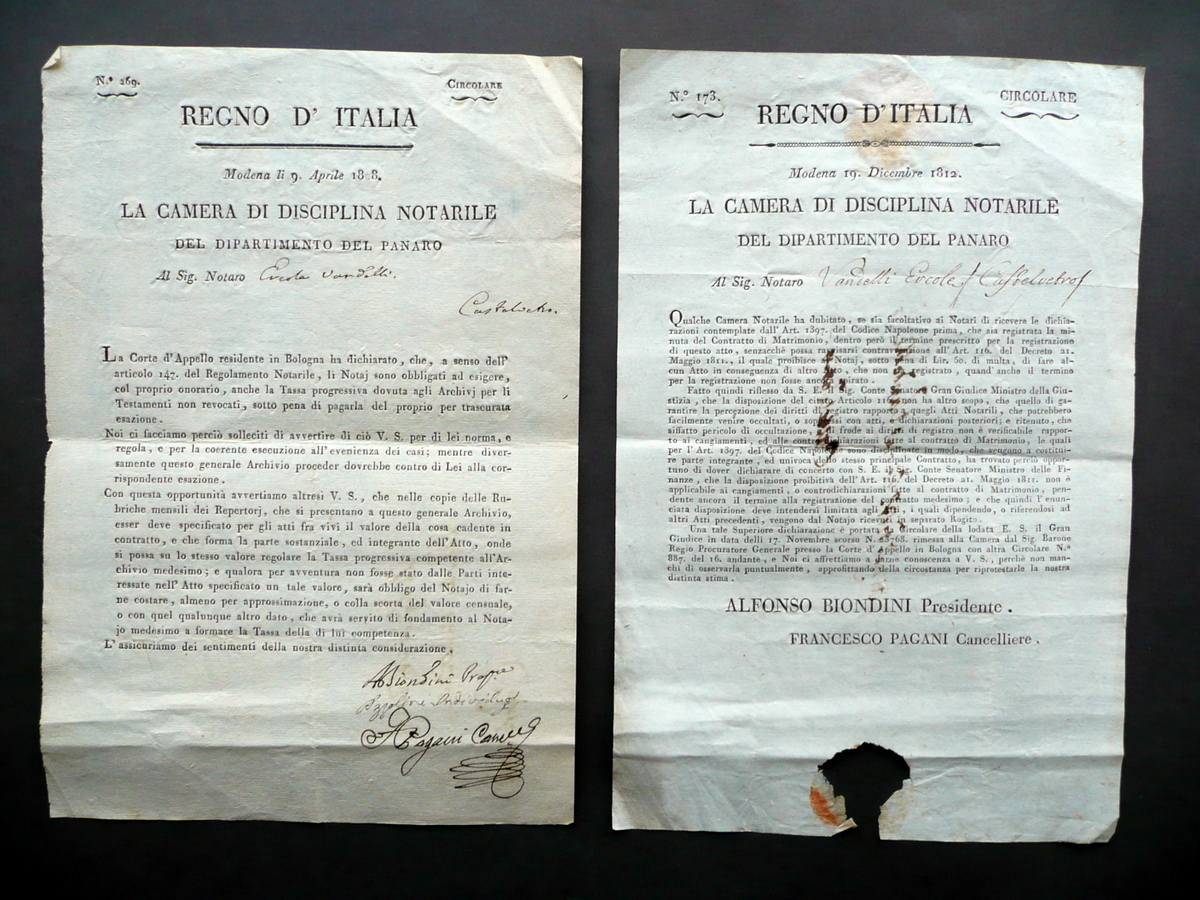 Regno d'italia Camera di Disciplina Notarile Due Circolari 1808-12 Napoleonica