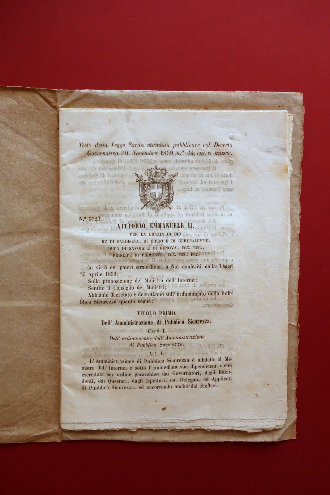 Regno di Sardegna Ordinamento Amministrazione Pubblica Sicurezza Decreto 1859