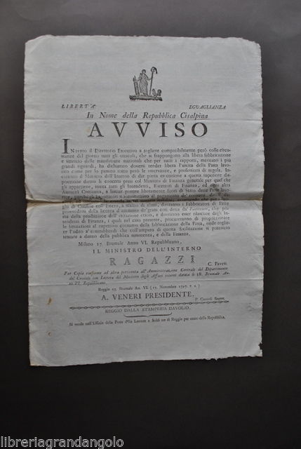 Repubblica Cisalpina Avviso Fabbricazione Pasta Pasticcieri Alimentari Cibo 1797