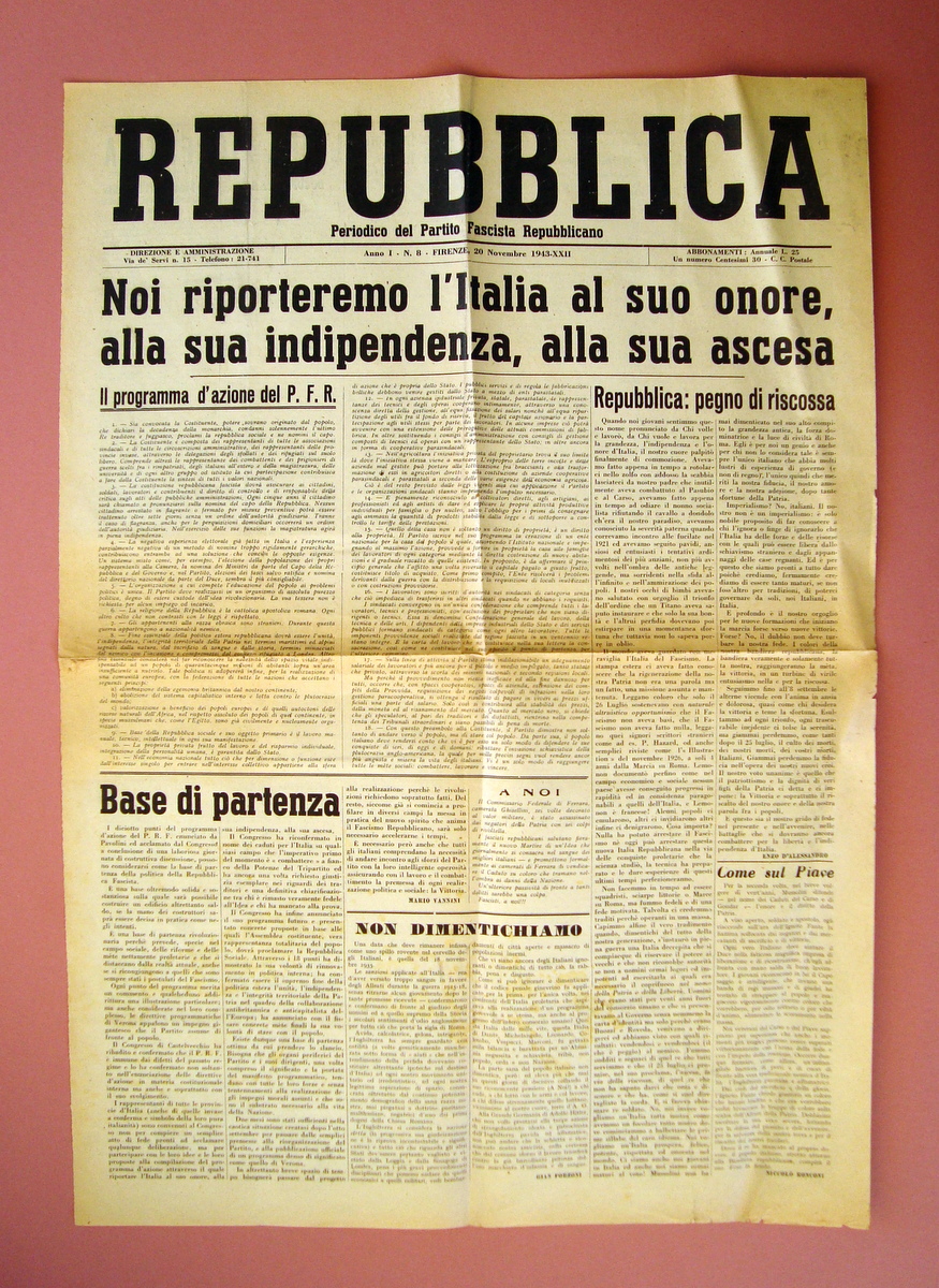 Repubblica Periodico Partito Fascista Repubblicano Anno I n.8 Firenze 20/11/1943