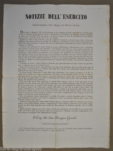 Risorgimento Notizie Esercito Piemontese Sommacampagna Verona Santa Lucia 1848