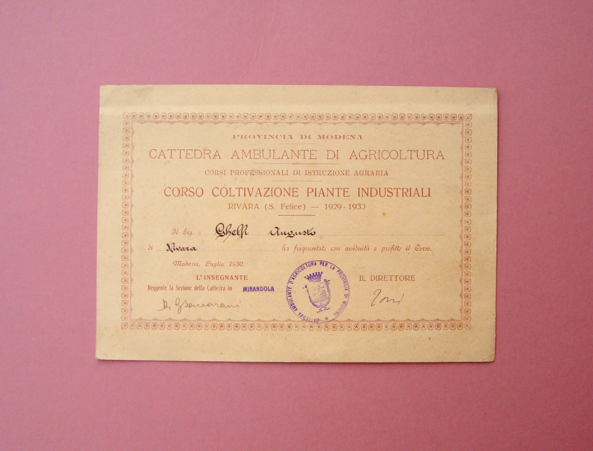 Rivara Mirandola Attestato Corso Coltivazione Piante Industriali 1930