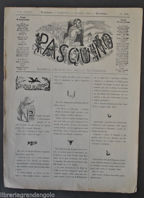 Riviste Umoristiche Settimanali Pasquino Satira Politica Illustrazioni 1892 N.33