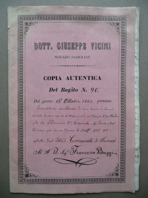 Rogito Francesco Baggi Investitura Casa Sassuolo Copia Vicini 1852 Diritto