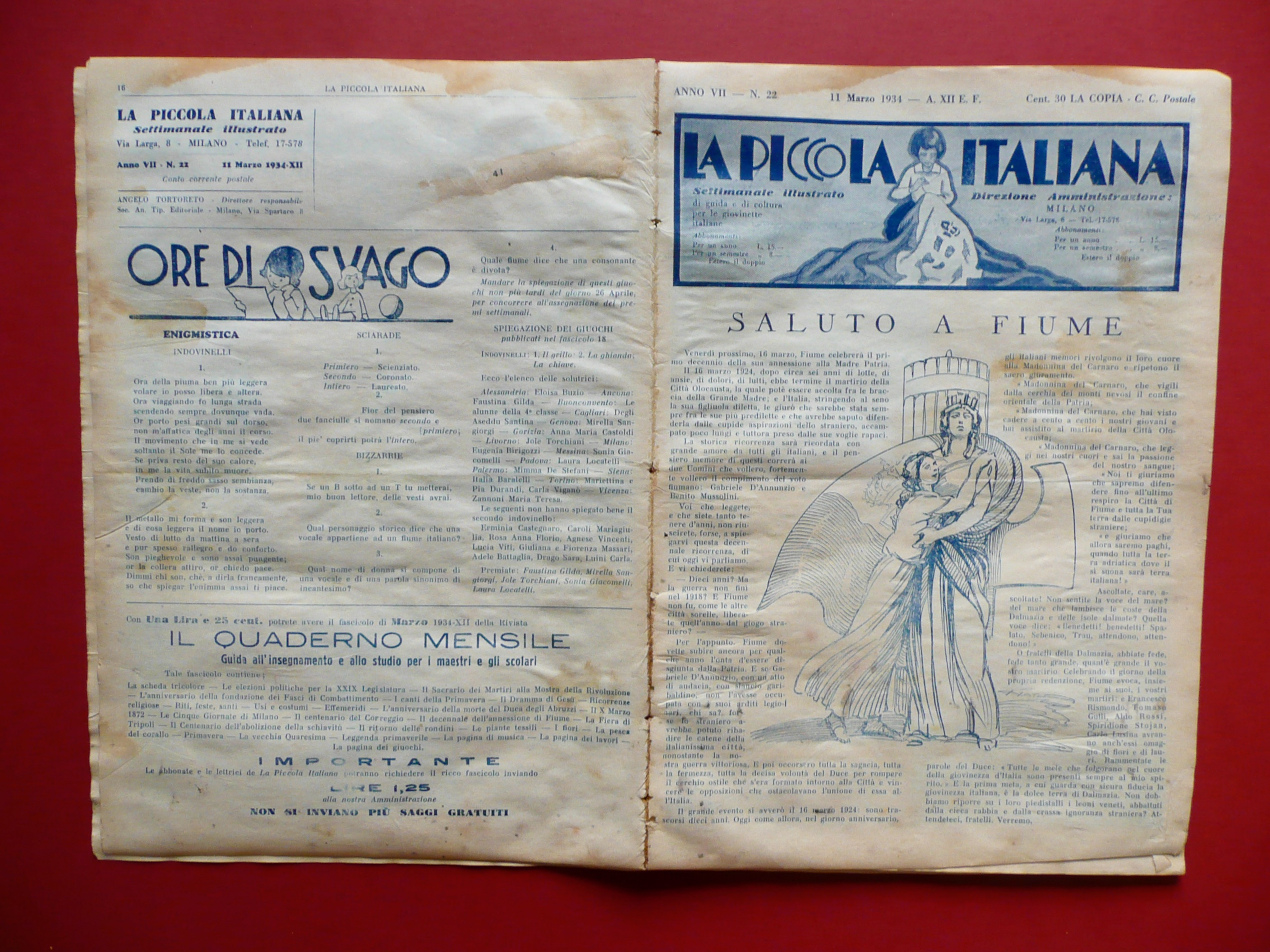 Saluto a Fiume La Piccola Italiana Settimanale Illustrato Anno VII …