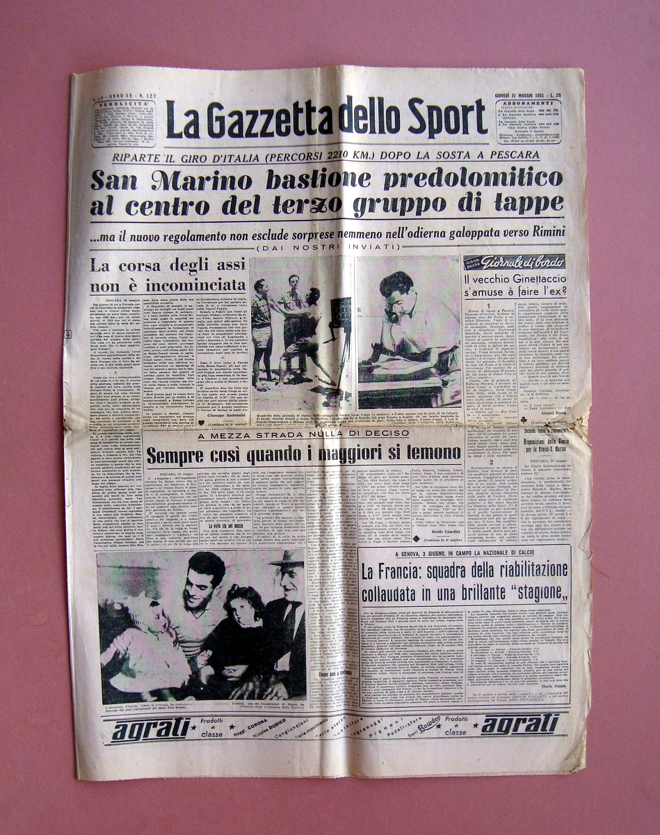 San Marino Coppi ciclismo La Gazzetta dello Sport 31/5/1951 n …
