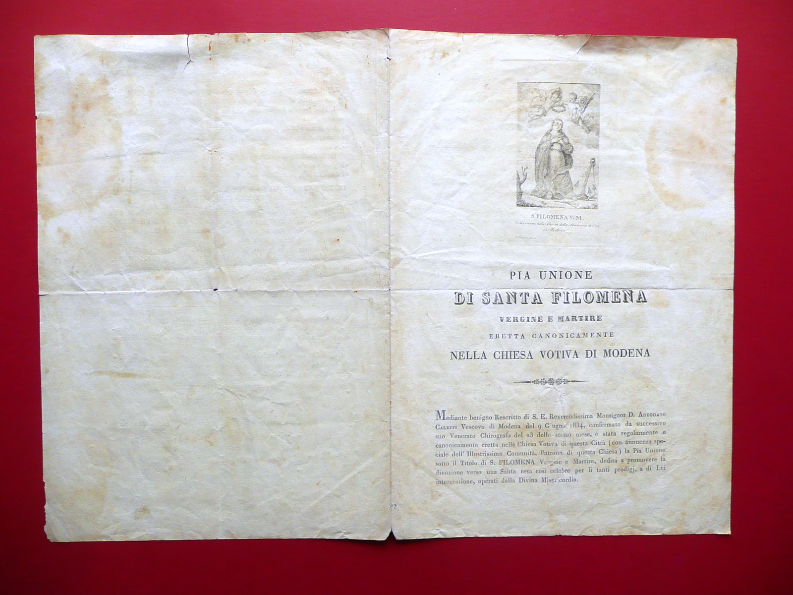 Santa Filomena Madonna del Voto Modena Pagella di Ascrizione 1834 …