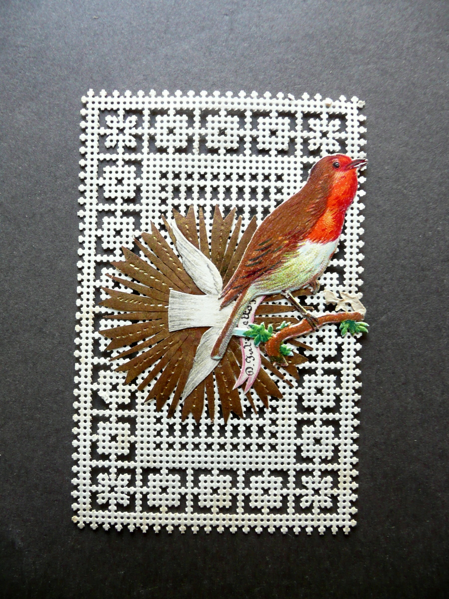 Santino Traforato Primo Novecento Pettirosso Illustrato a Colori