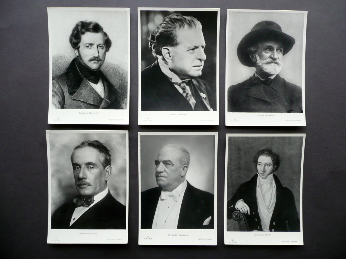 Sei Fotocartoline Mascagni Donizetti Verdi Bellini Puccini Giordano Musica Opera