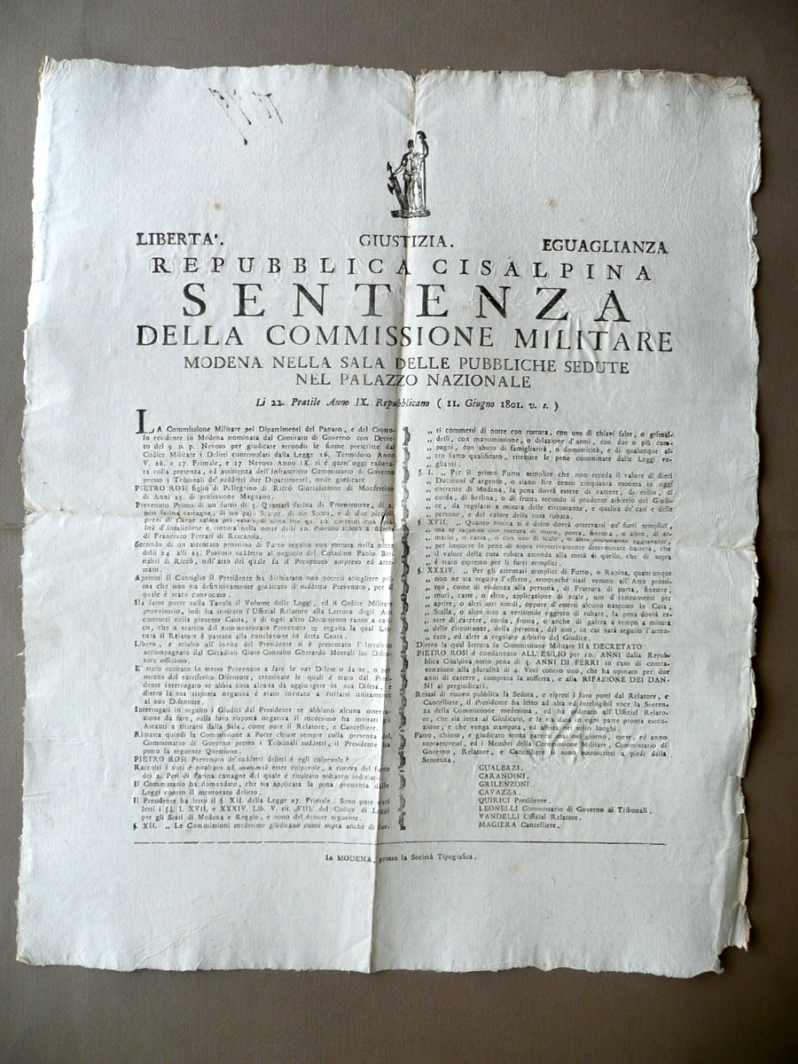 Sentenza Furto Frumentone Farina Castagne RiccÚ Monfestino Magiera Modena 1801