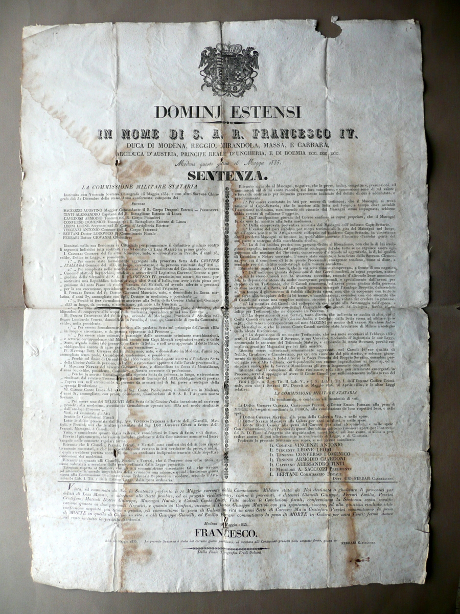 Sentenza Giovine Italia Moti Lesa Maest‡ Mattioli Mascagni Zocca Modena …