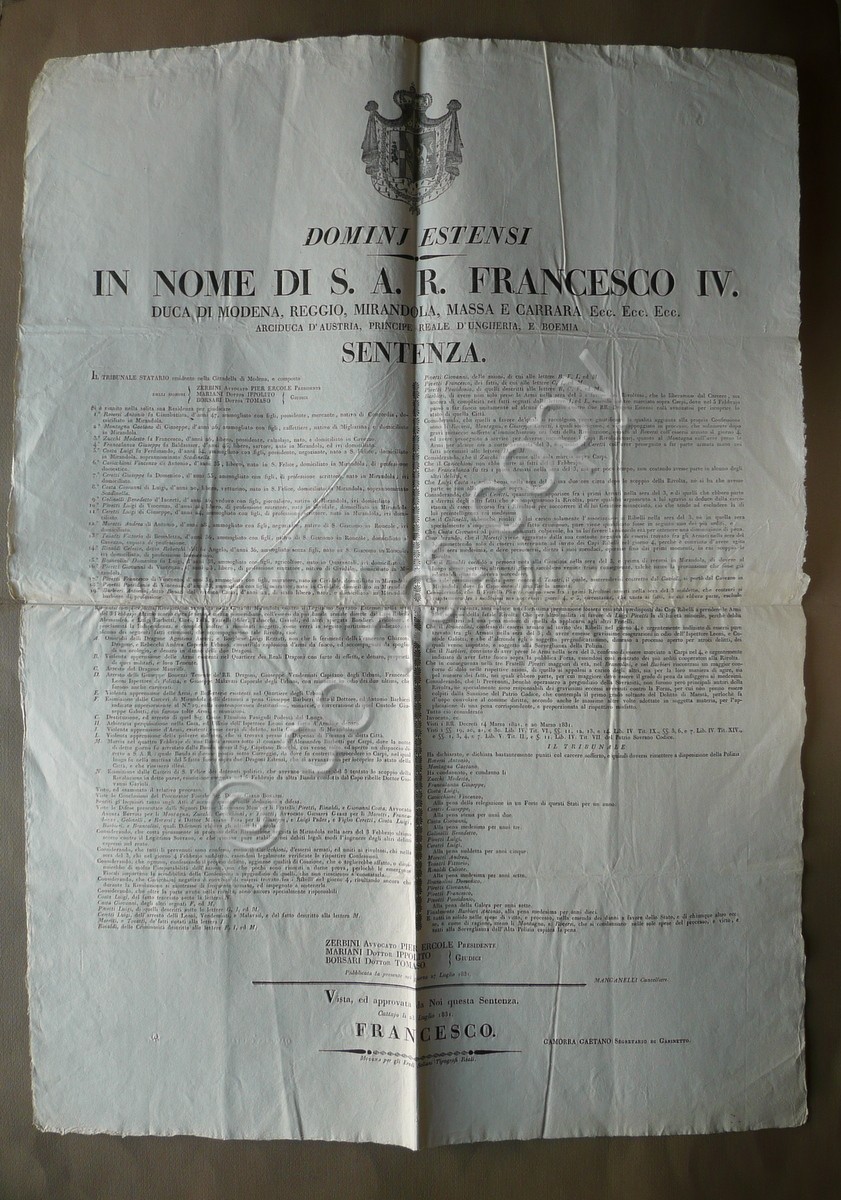 Sentenza Moti 1831 Mirandola Sollevazione 3 Febbraio Duca Francesco IV …