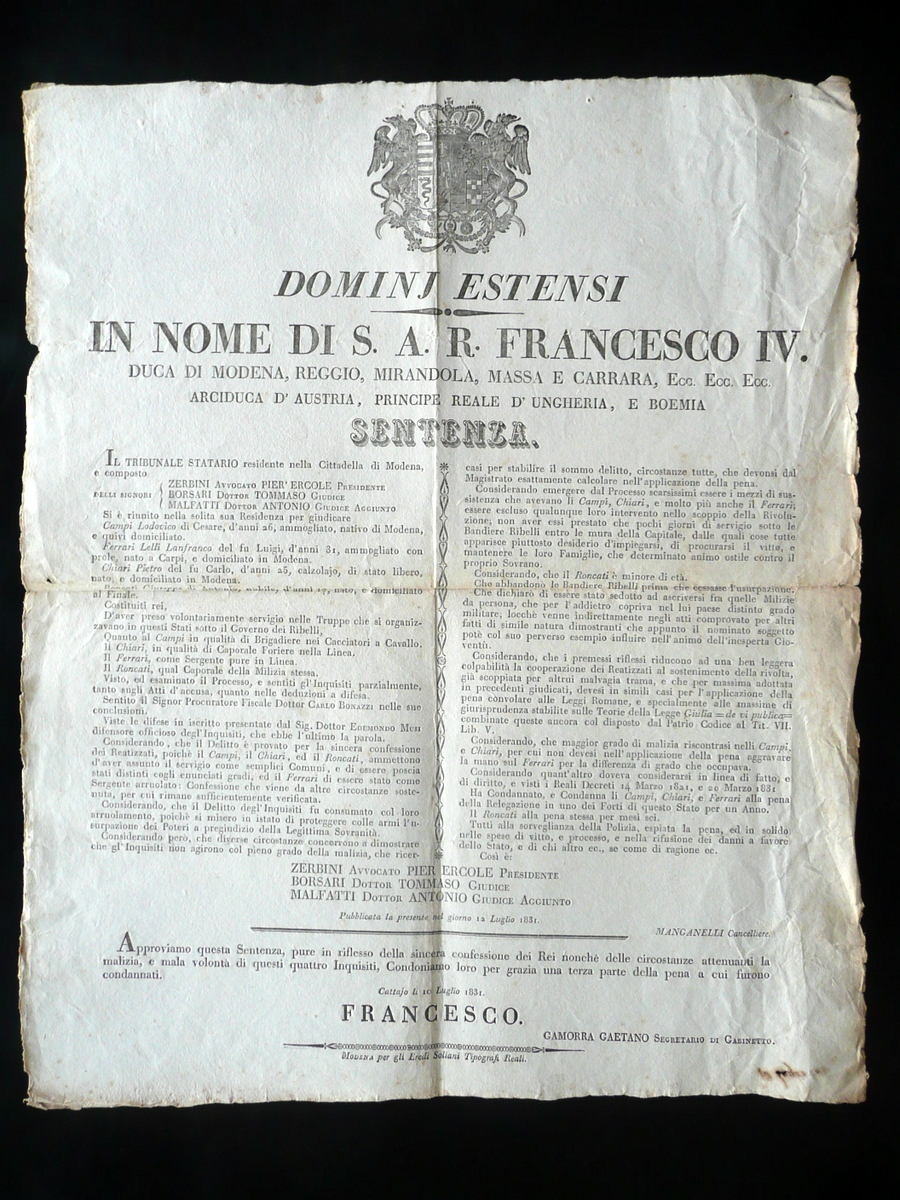 Sentenza Moti 1831 Soliani Modena Sentenza Ribelli Campi Ferrari Chiari …