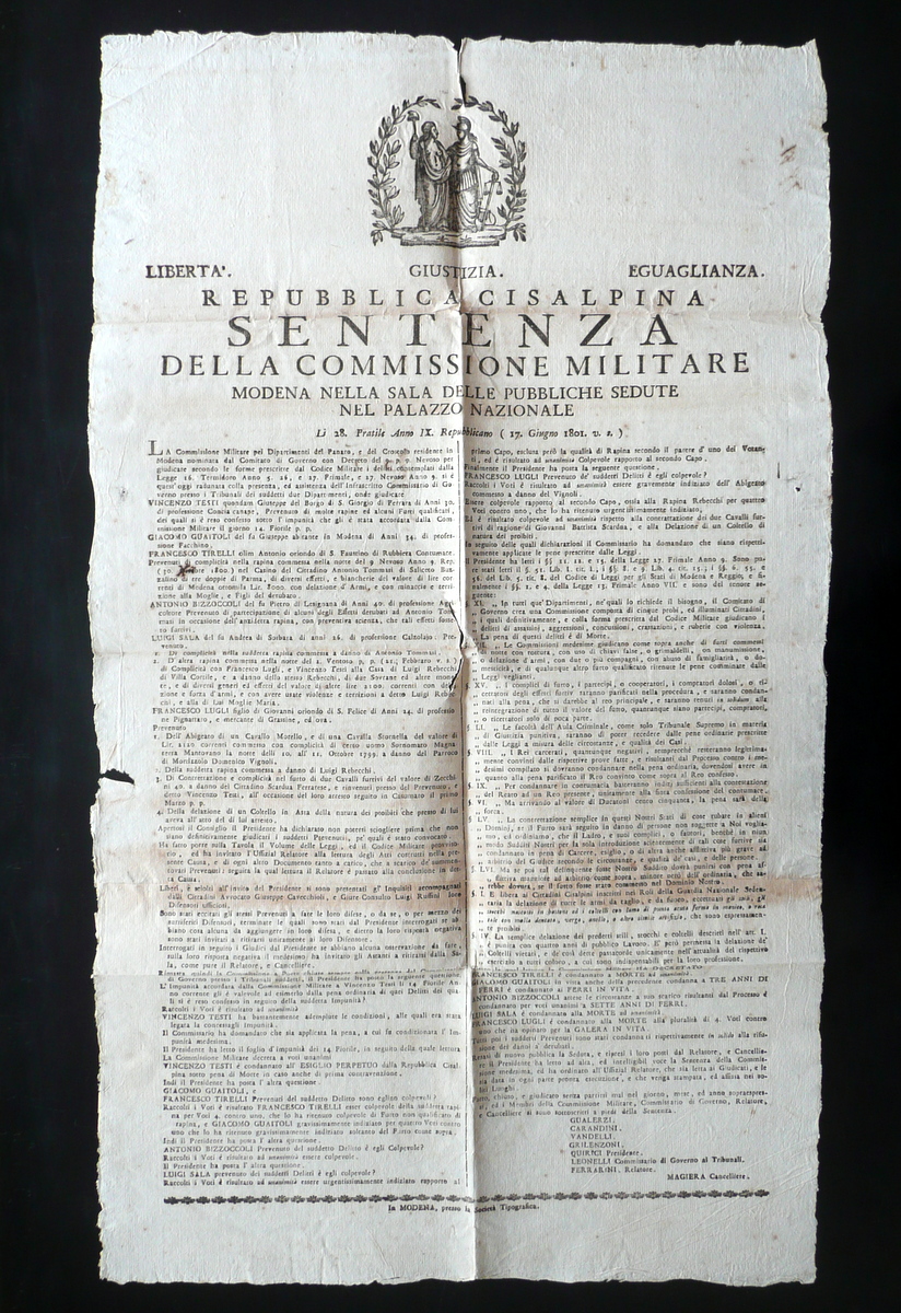 Sentenza Repubblica Cisalpina Condanna a Morte Furti Rapine Modena 1801 …