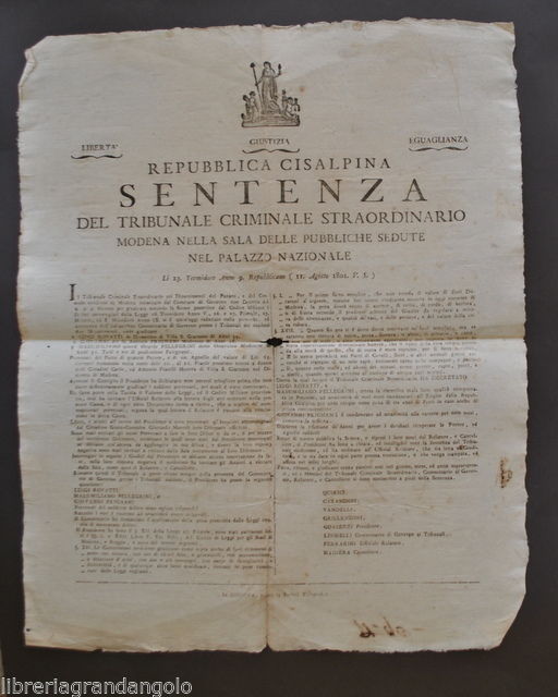 Sentenza Repubblica Cisalpina Furto Pecore Villa San Giacomo Modena 1801