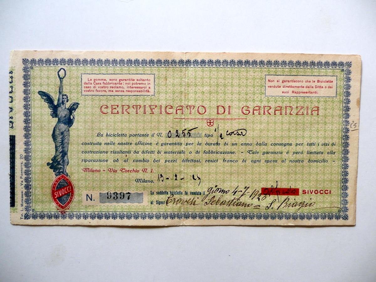 Sivocci Milano Biciclette Fabbrica Velocipedi Certificato di Garanzia 1926