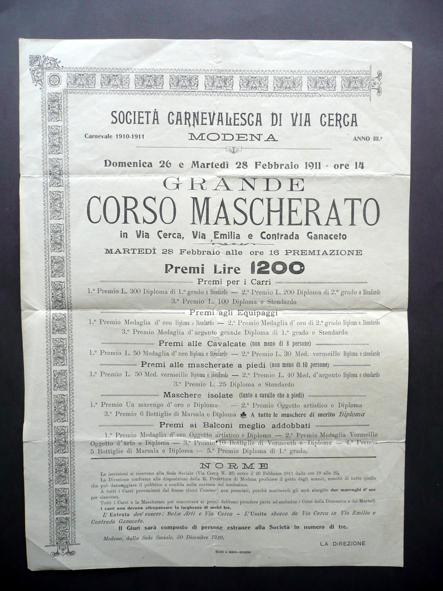 Societ‡ Carnevalesca Via Cerca Modena Corso Mascherato Premi Regolamento 1911